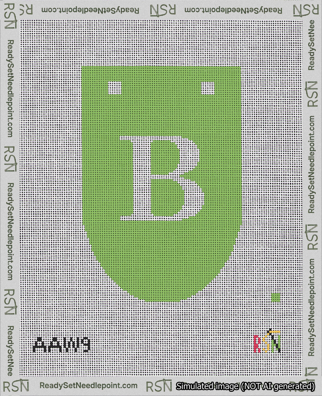 A taped needlepoint canvas with the design: Banner 18 mesh count Rounded B White on Light Green.