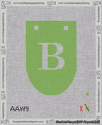 A taped needlepoint canvas with the design: Banner 18 mesh count Rounded B White on Light Green.