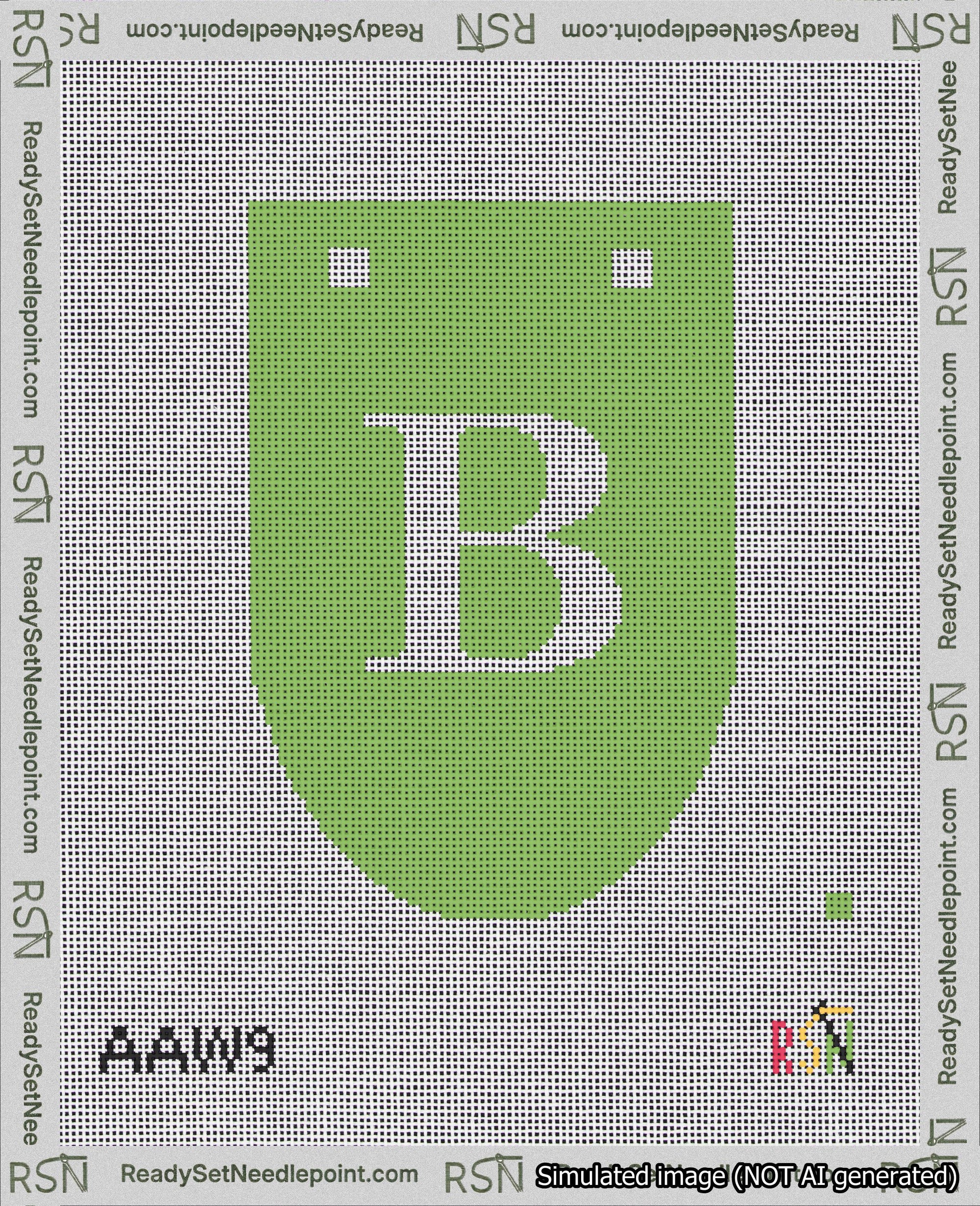 A taped needlepoint canvas with the design: Banner 18 mesh count Rounded B White on Light Green.