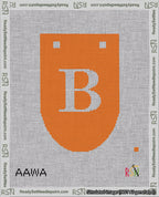 A taped needlepoint canvas with the design: Banner 18 mesh count Rounded B White on Orange.