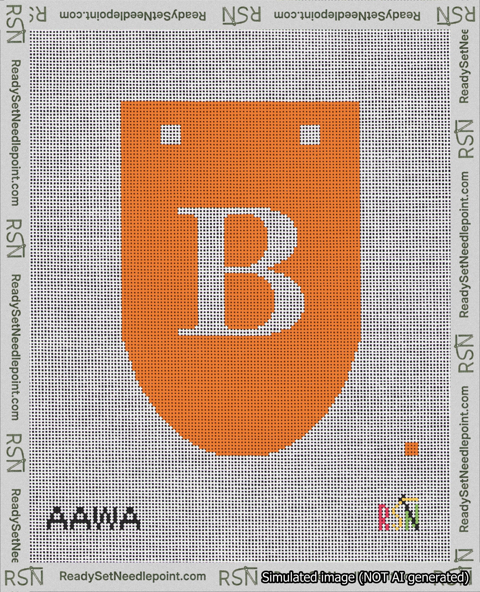 A taped needlepoint canvas with the design: Banner 18 mesh count Rounded B White on Orange.
