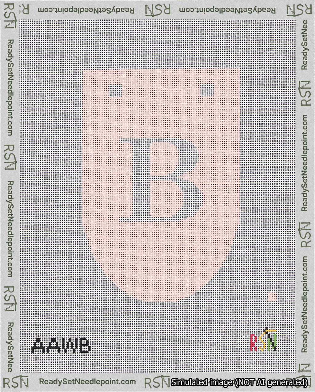 A taped needlepoint canvas with the design: Banner 18 mesh count Rounded B White on Pink.