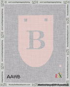 A taped needlepoint canvas with the design: Banner 18 mesh count Rounded B White on Pink.