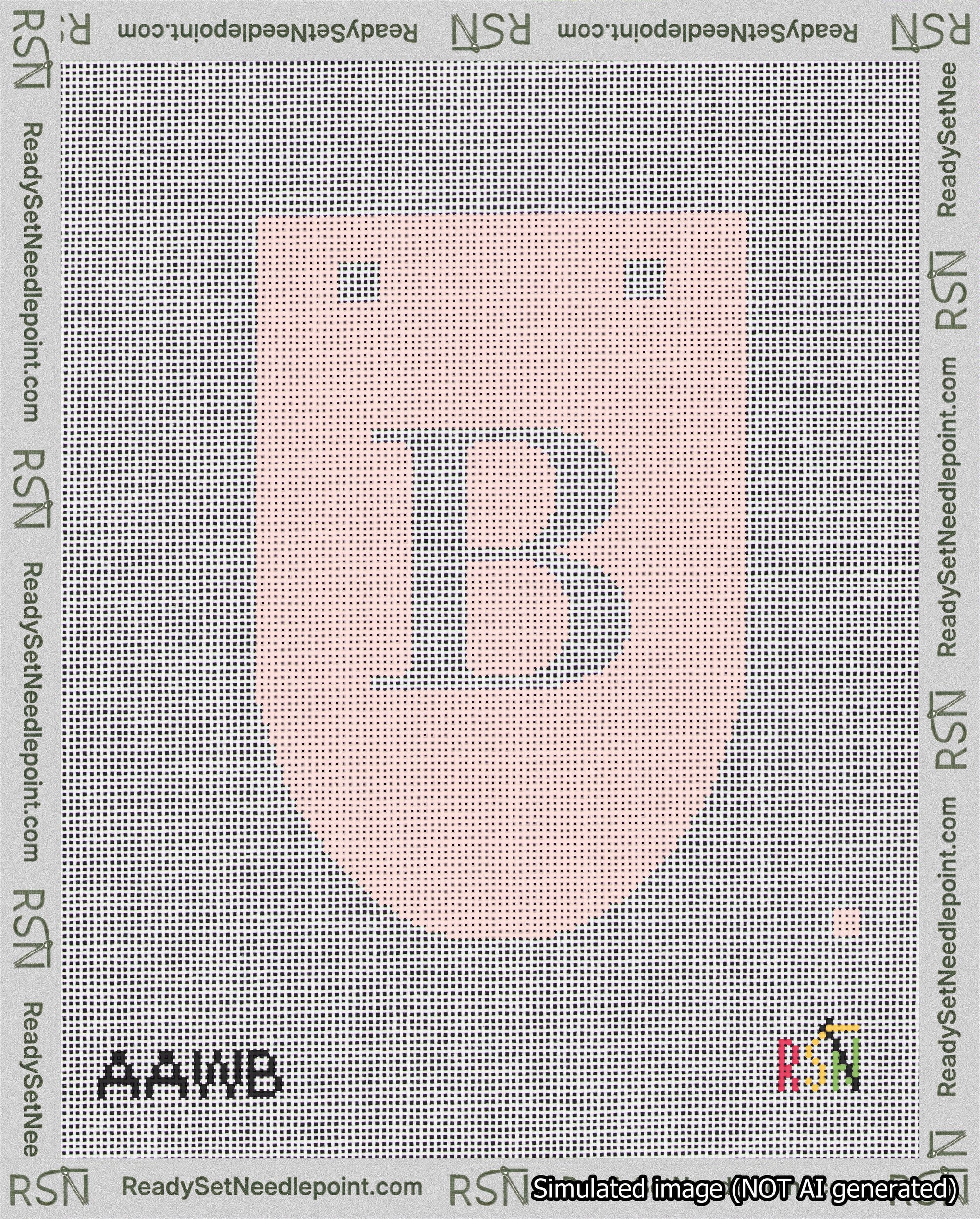 A taped needlepoint canvas with the design: Banner 18 mesh count Rounded B White on Pink.