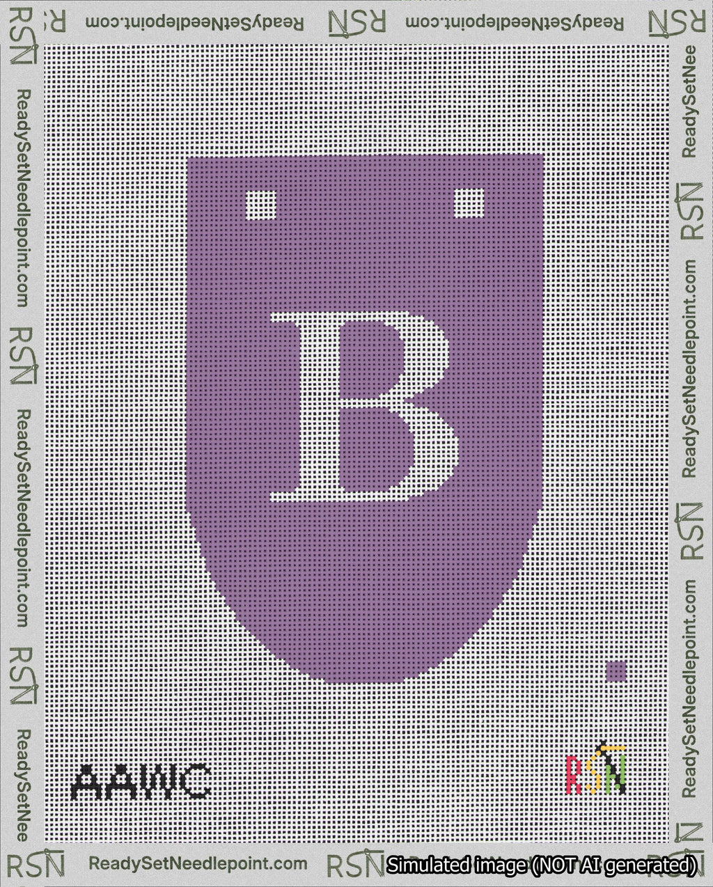 A taped needlepoint canvas with the design: Banner 18 mesh count Rounded B White on Purple.