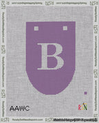 A taped needlepoint canvas with the design: Banner 18 mesh count Rounded B White on Purple.