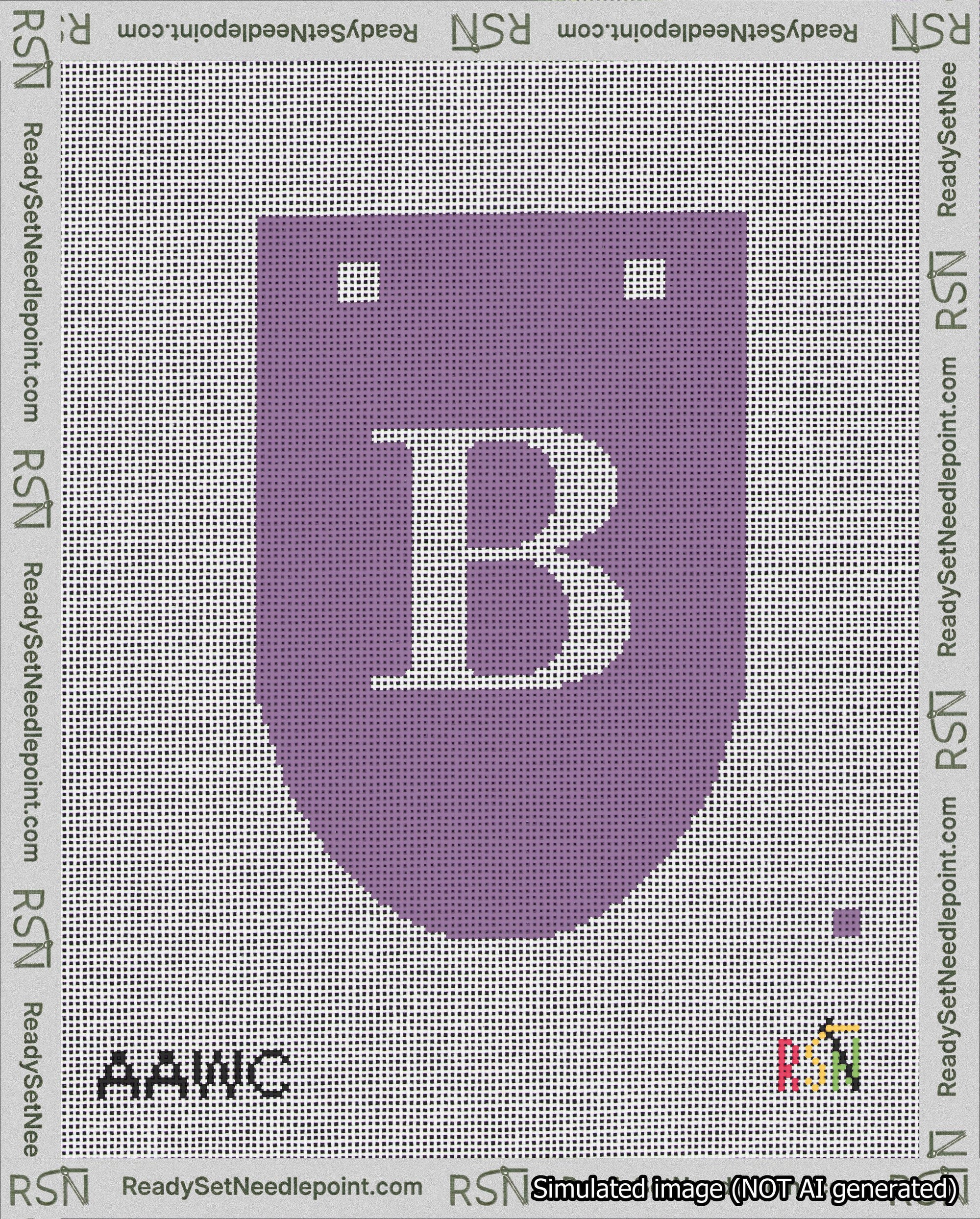 A taped needlepoint canvas with the design: Banner 18 mesh count Rounded B White on Purple.