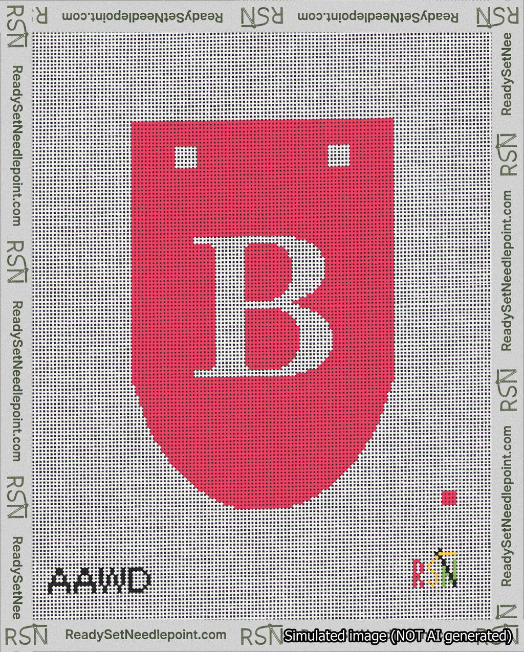 A taped needlepoint canvas with the design: Banner 18 mesh count Rounded B White on Red.