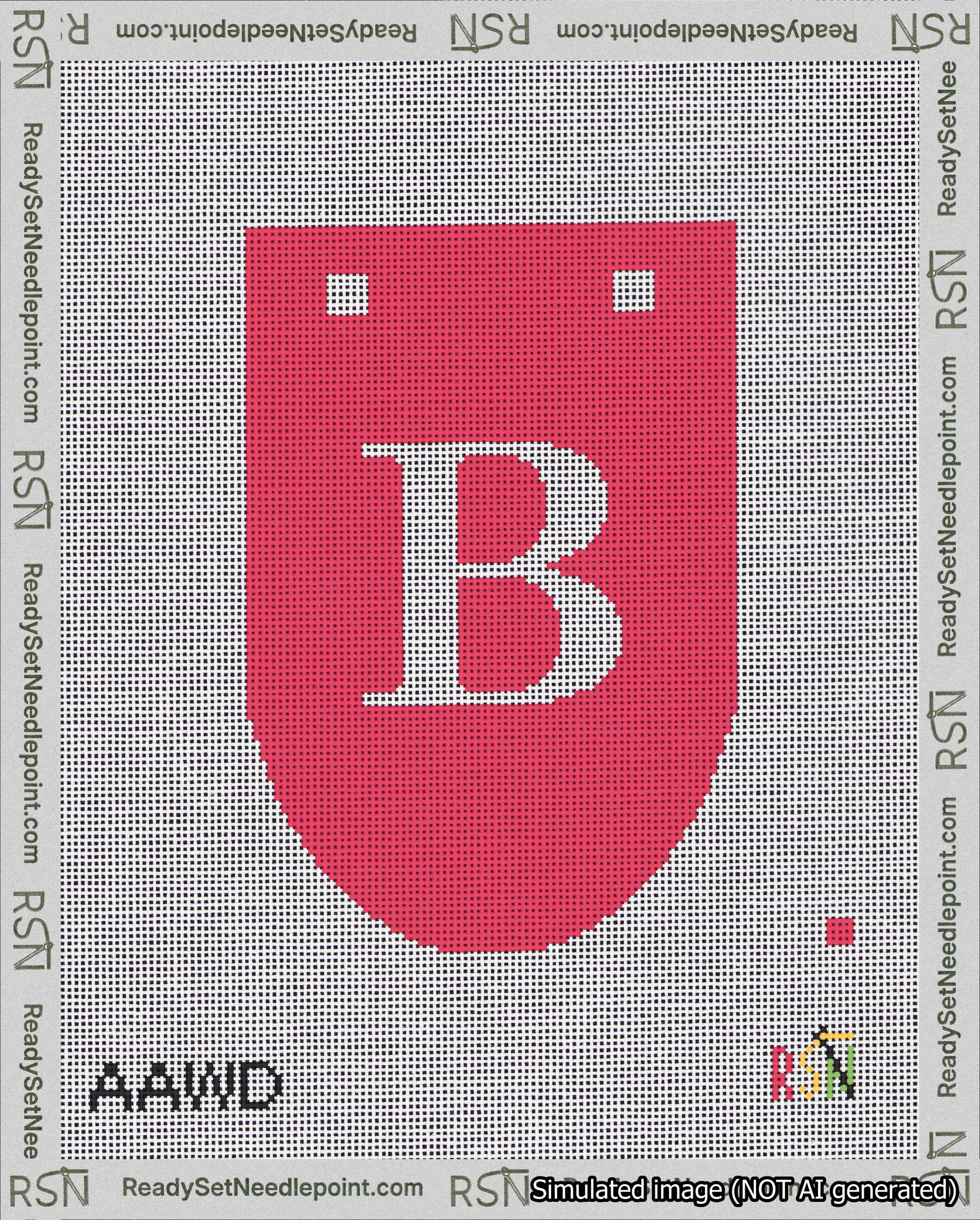 A taped needlepoint canvas with the design: Banner 18 mesh count Rounded B White on Red.