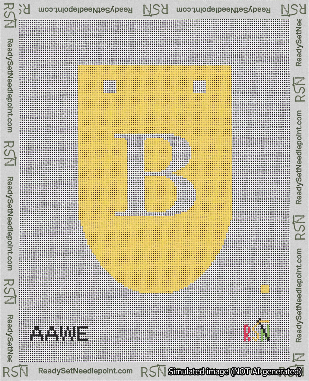 A taped needlepoint canvas with the design: Banner 18 mesh count Rounded B White on Yellow.