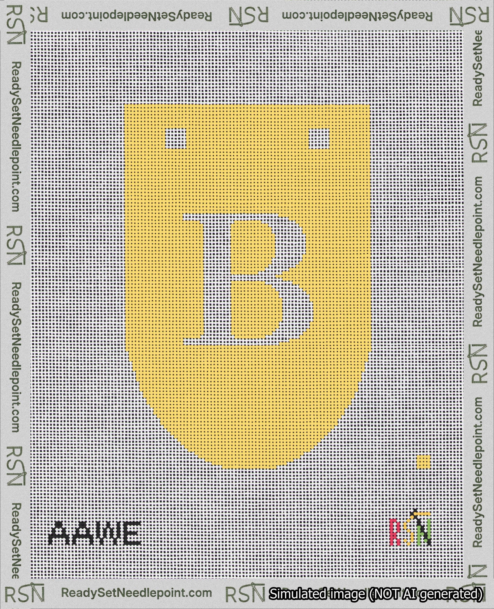 A taped needlepoint canvas with the design: Banner 18 mesh count Rounded B White on Yellow.
