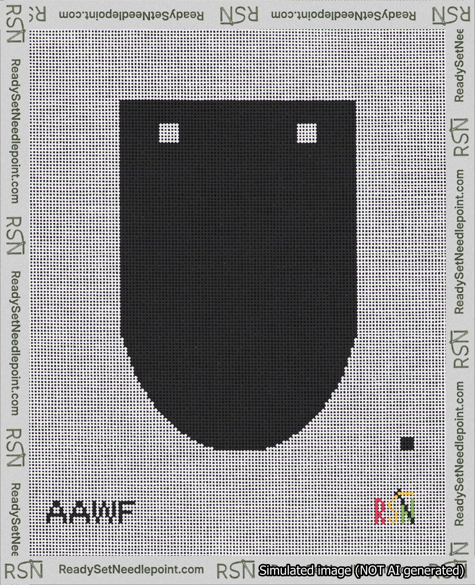 A taped needlepoint canvas with the design: Banner 18 mesh count Rounded Blank Black.
