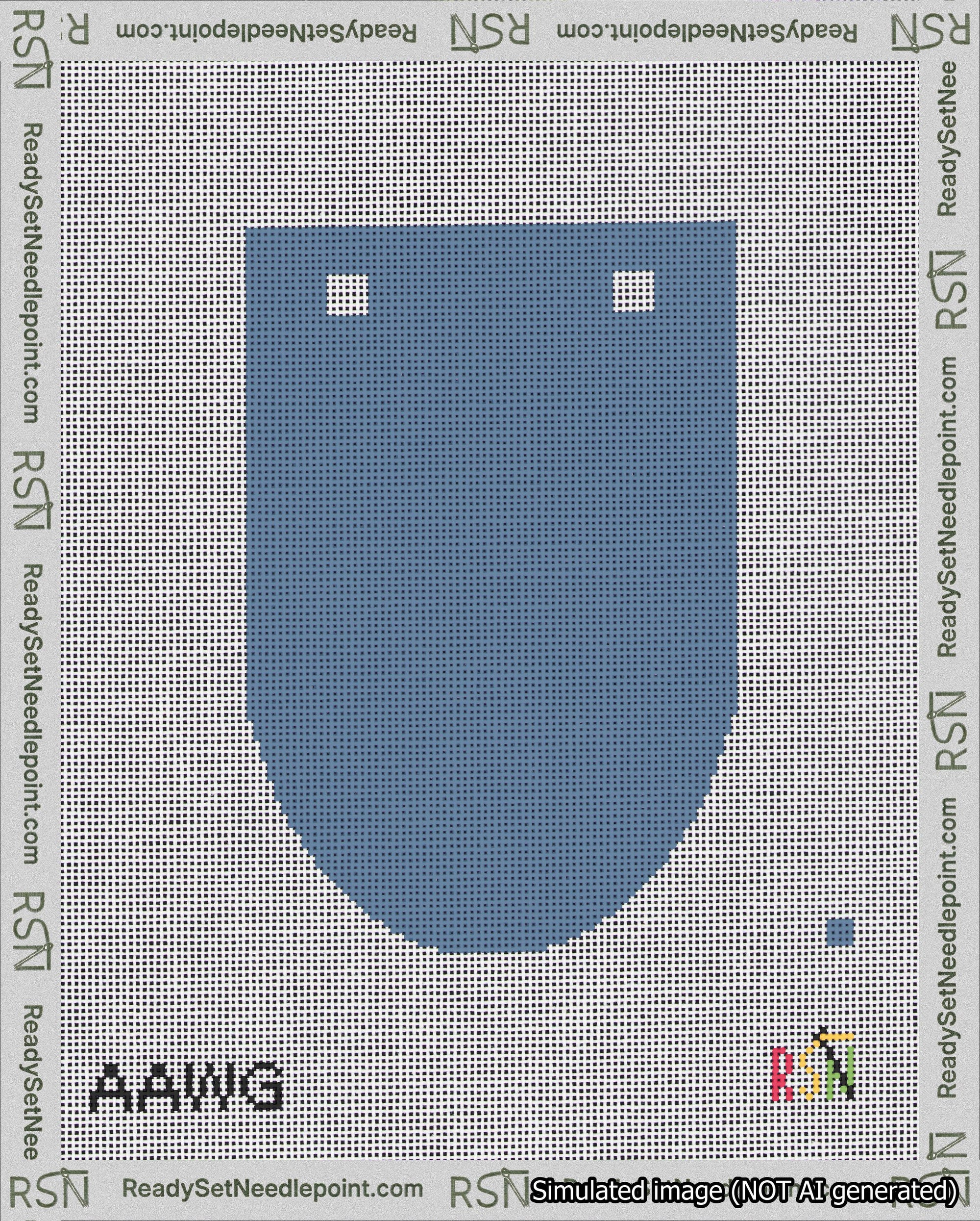 A taped needlepoint canvas with the design: Banner 18 mesh count Rounded Blank Blue.