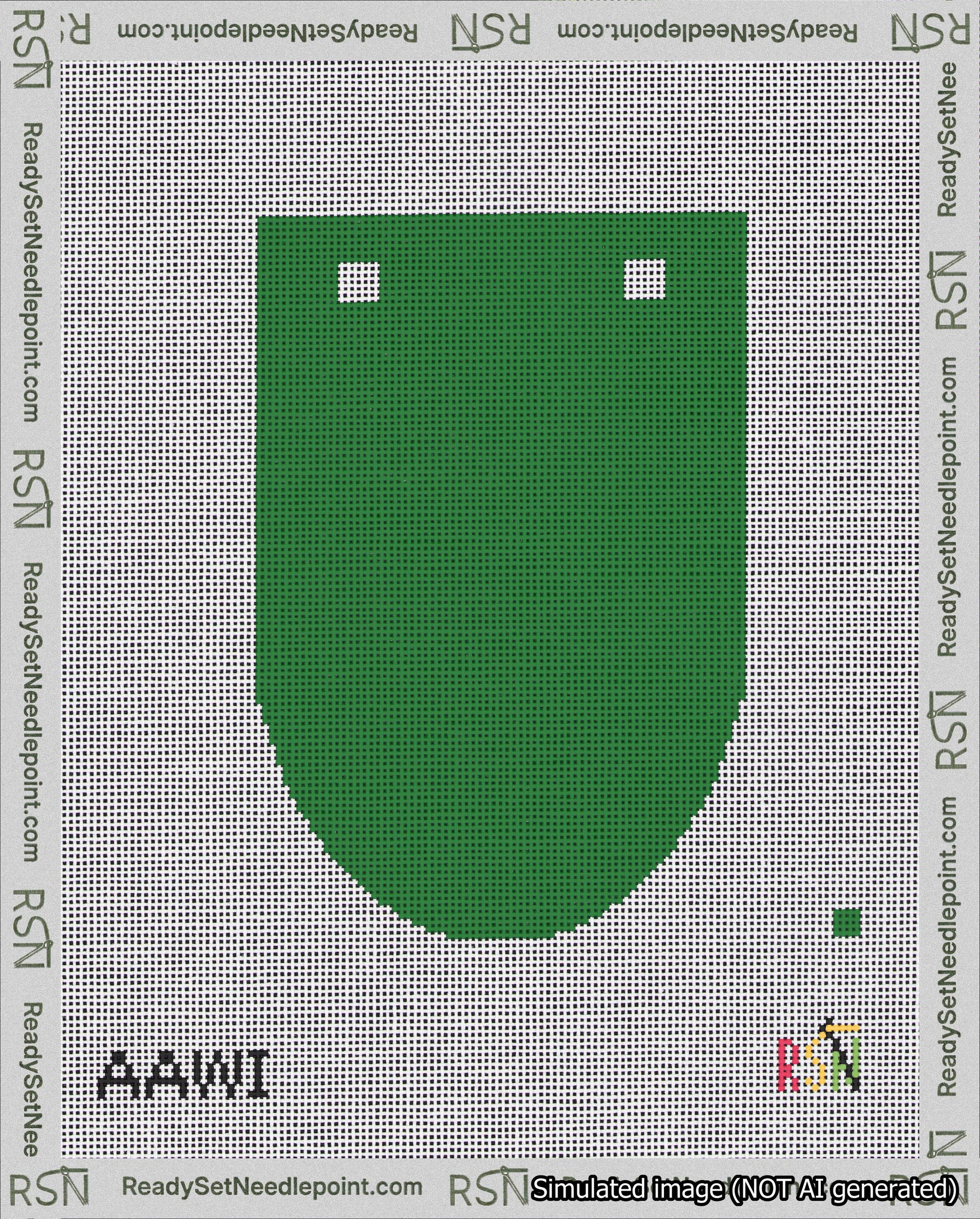 A taped needlepoint canvas with the design: Banner 18 mesh count Rounded Blank Green.