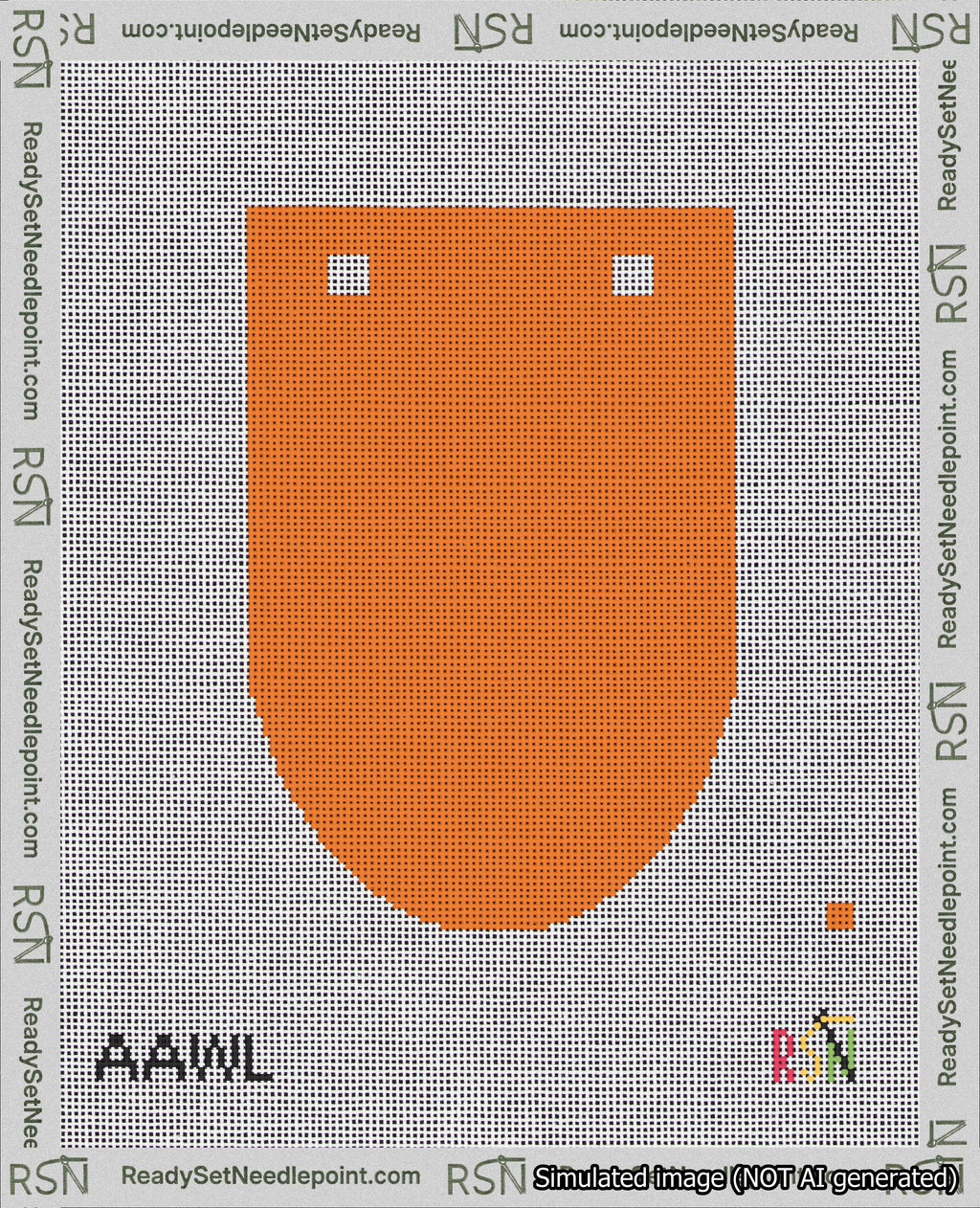 A taped needlepoint canvas with the design: Banner 18 mesh count Rounded Blank Orange.