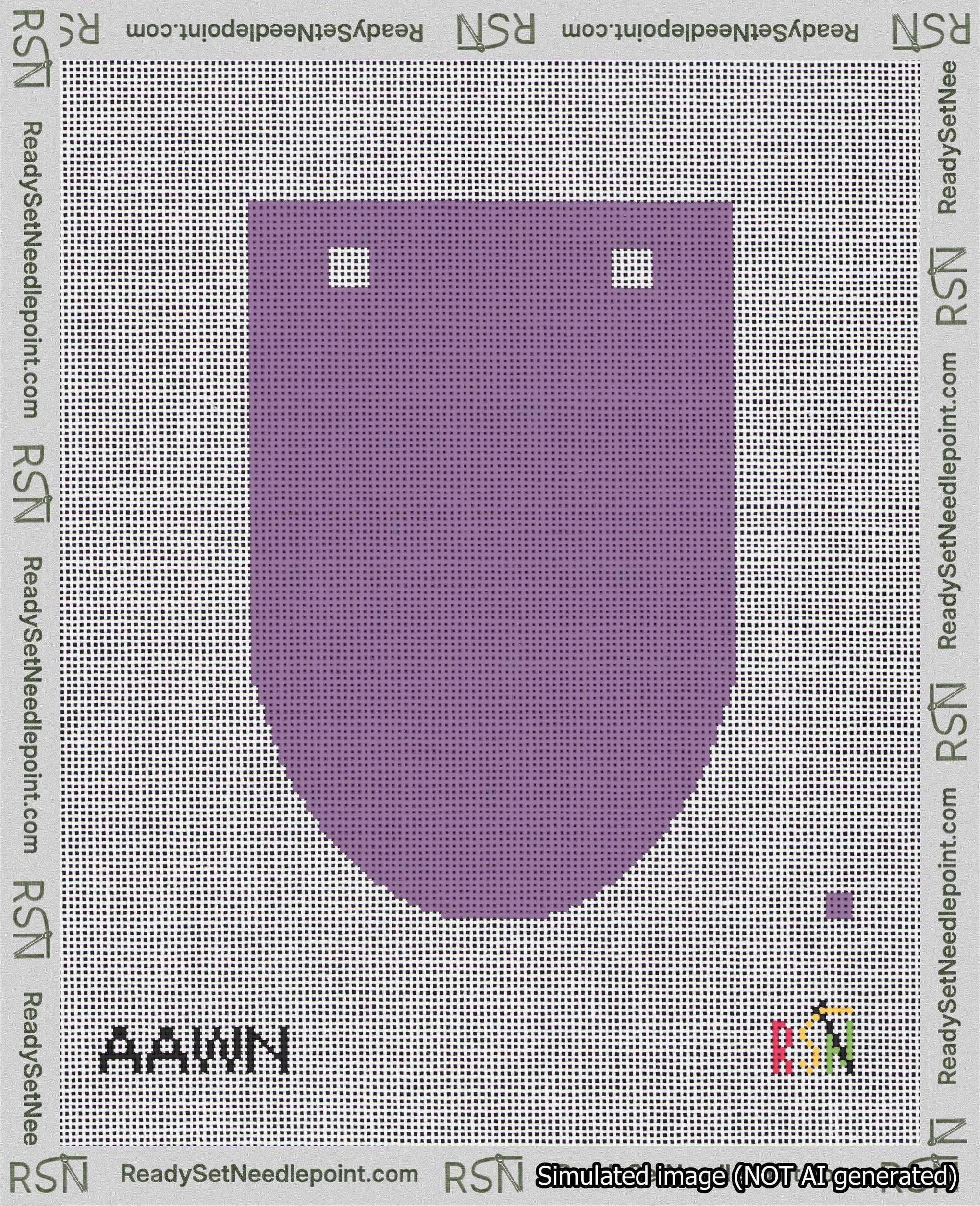 A taped needlepoint canvas with the design: Banner 18 mesh count Rounded Blank Purple.