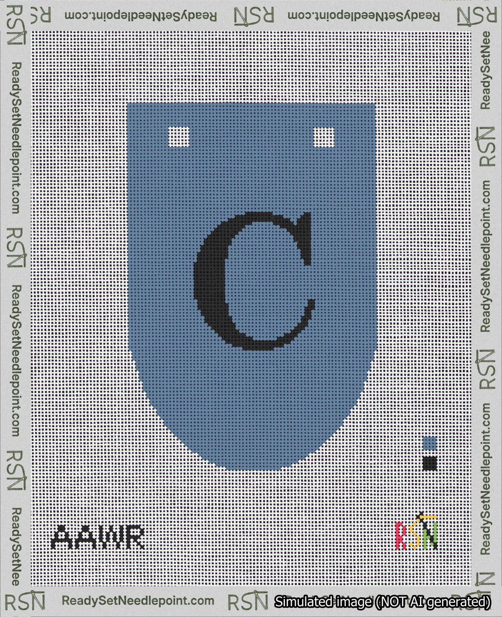 A taped needlepoint canvas with the design: Banner 18 mesh count Rounded C Black on Blue.