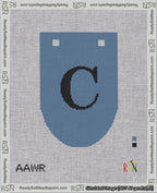 A taped needlepoint canvas with the design: Banner 18 mesh count Rounded C Black on Blue.