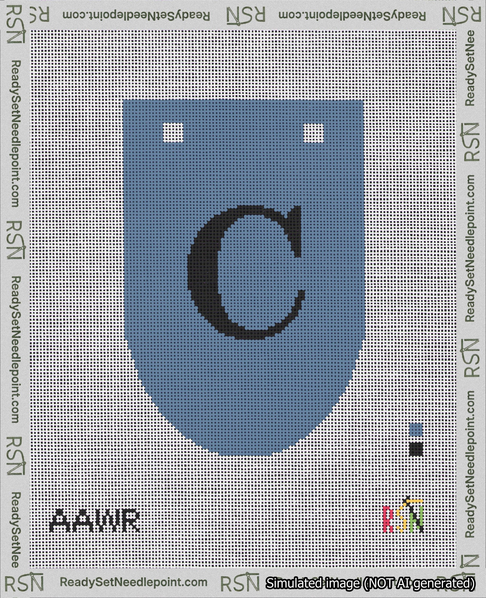 A taped needlepoint canvas with the design: Banner 18 mesh count Rounded C Black on Blue.