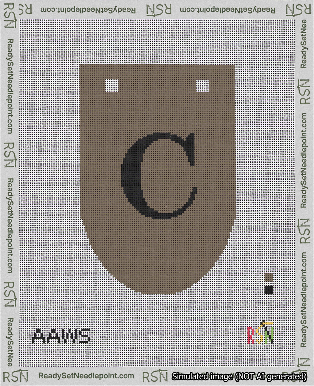 A taped needlepoint canvas with the design: Banner 18 mesh count Rounded C Black on Brown.
