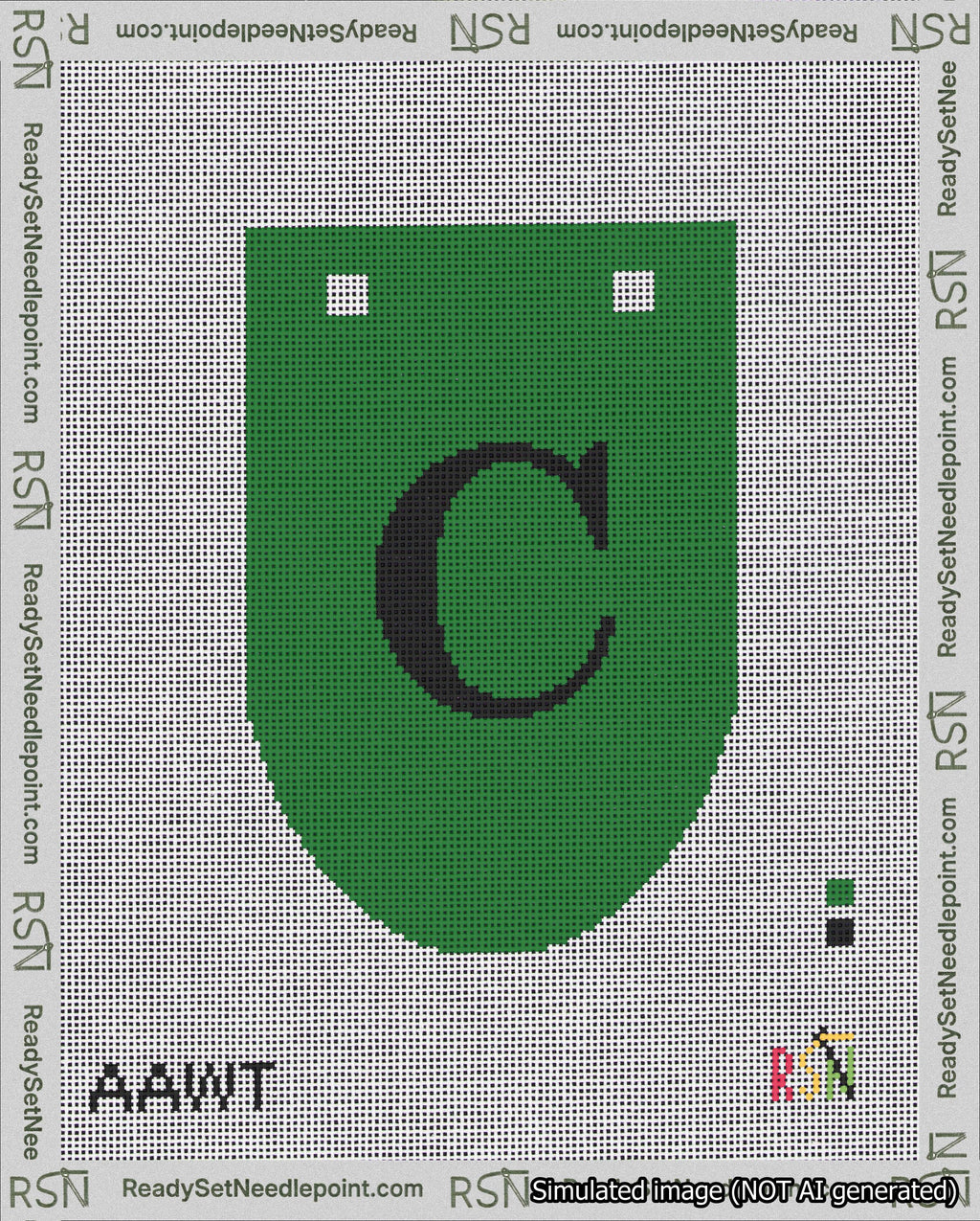 A taped needlepoint canvas with the design: Banner 18 mesh count Rounded C Black on Green.