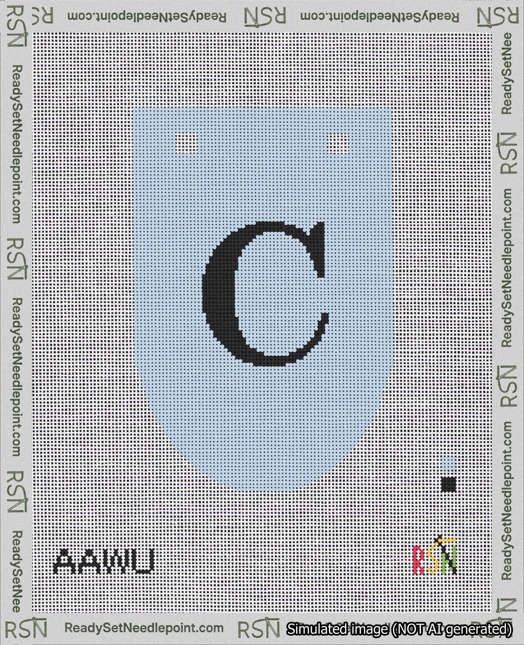 A taped needlepoint canvas with the design: Banner 18 mesh count Rounded C Black on Light Blue.