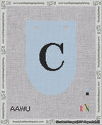 A taped needlepoint canvas with the design: Banner 18 mesh count Rounded C Black on Light Blue.