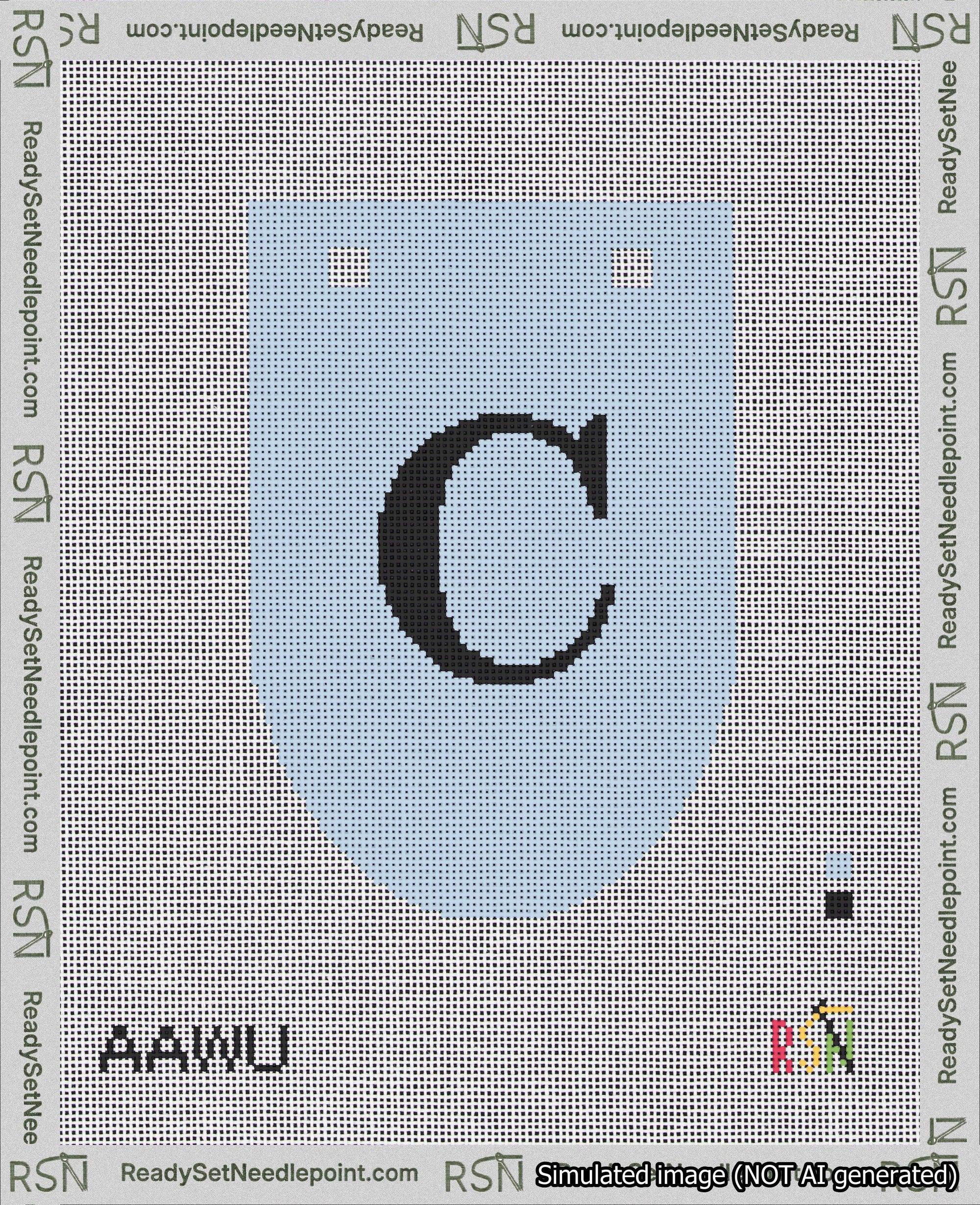 A taped needlepoint canvas with the design: Banner 18 mesh count Rounded C Black on Light Blue.