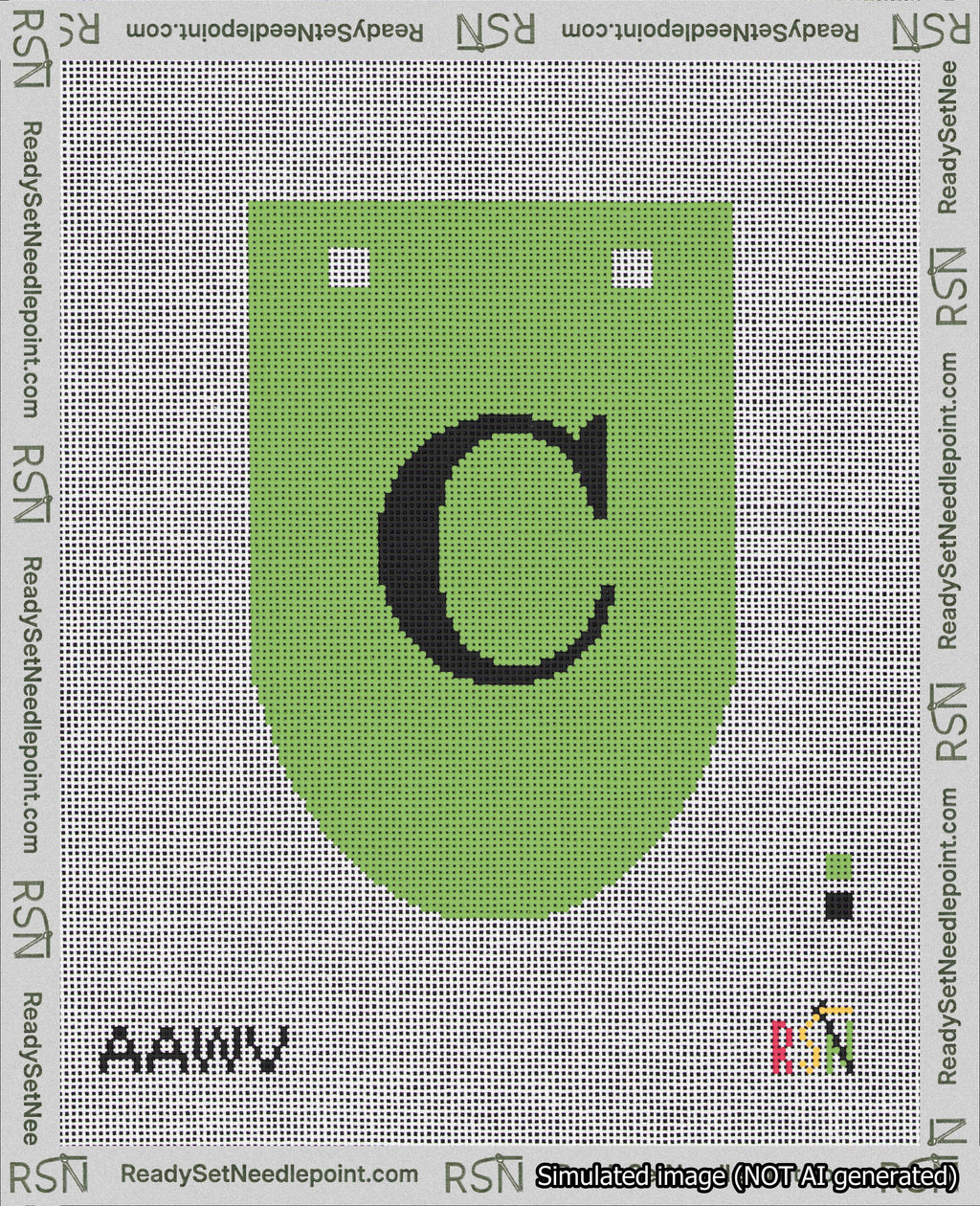 A taped needlepoint canvas with the design: Banner 18 mesh count Rounded C Black on Light Green.