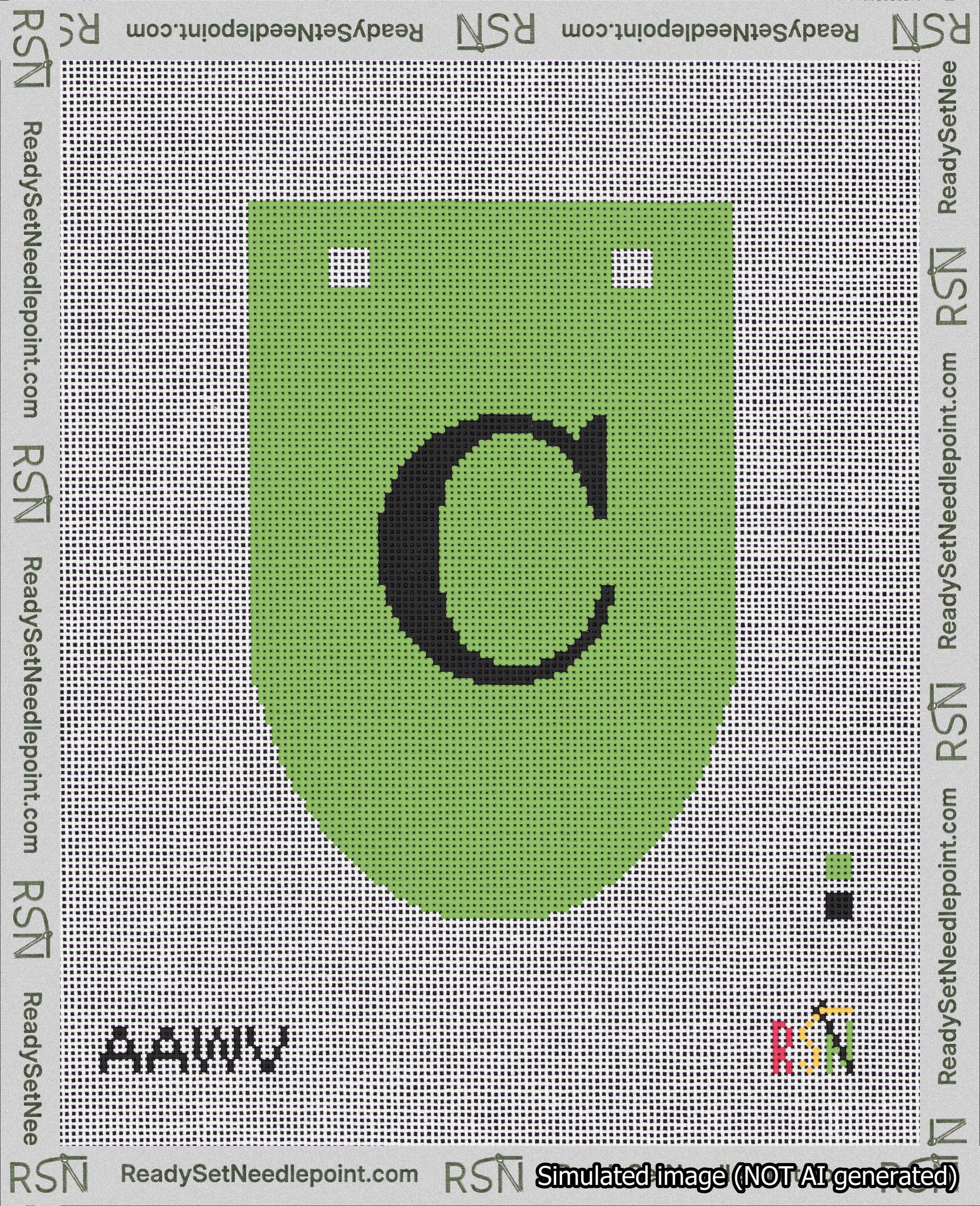 A taped needlepoint canvas with the design: Banner 18 mesh count Rounded C Black on Light Green.