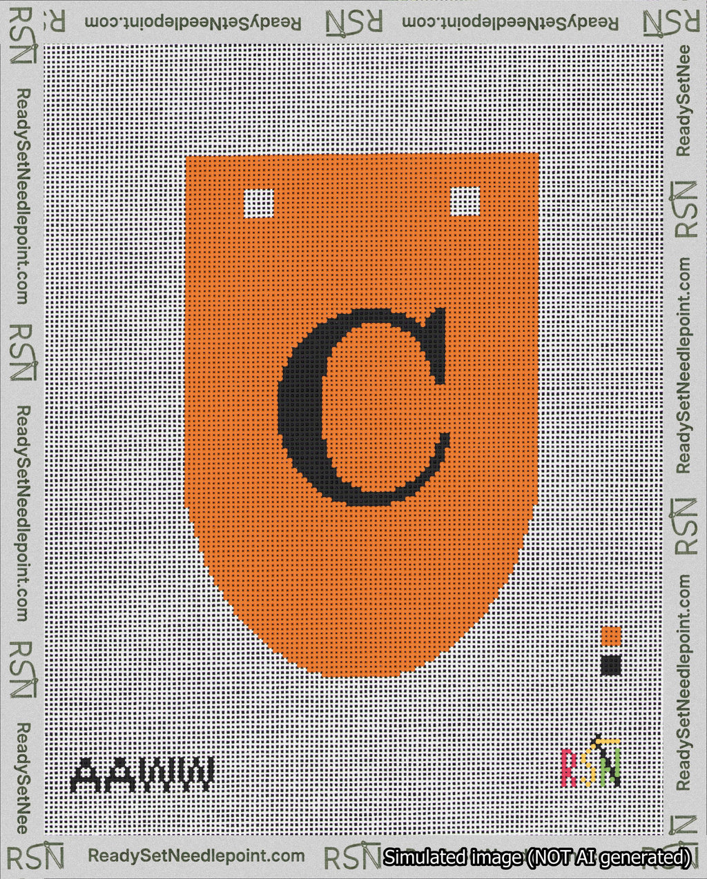 A taped needlepoint canvas with the design: Banner 18 mesh count Rounded C Black on Orange.