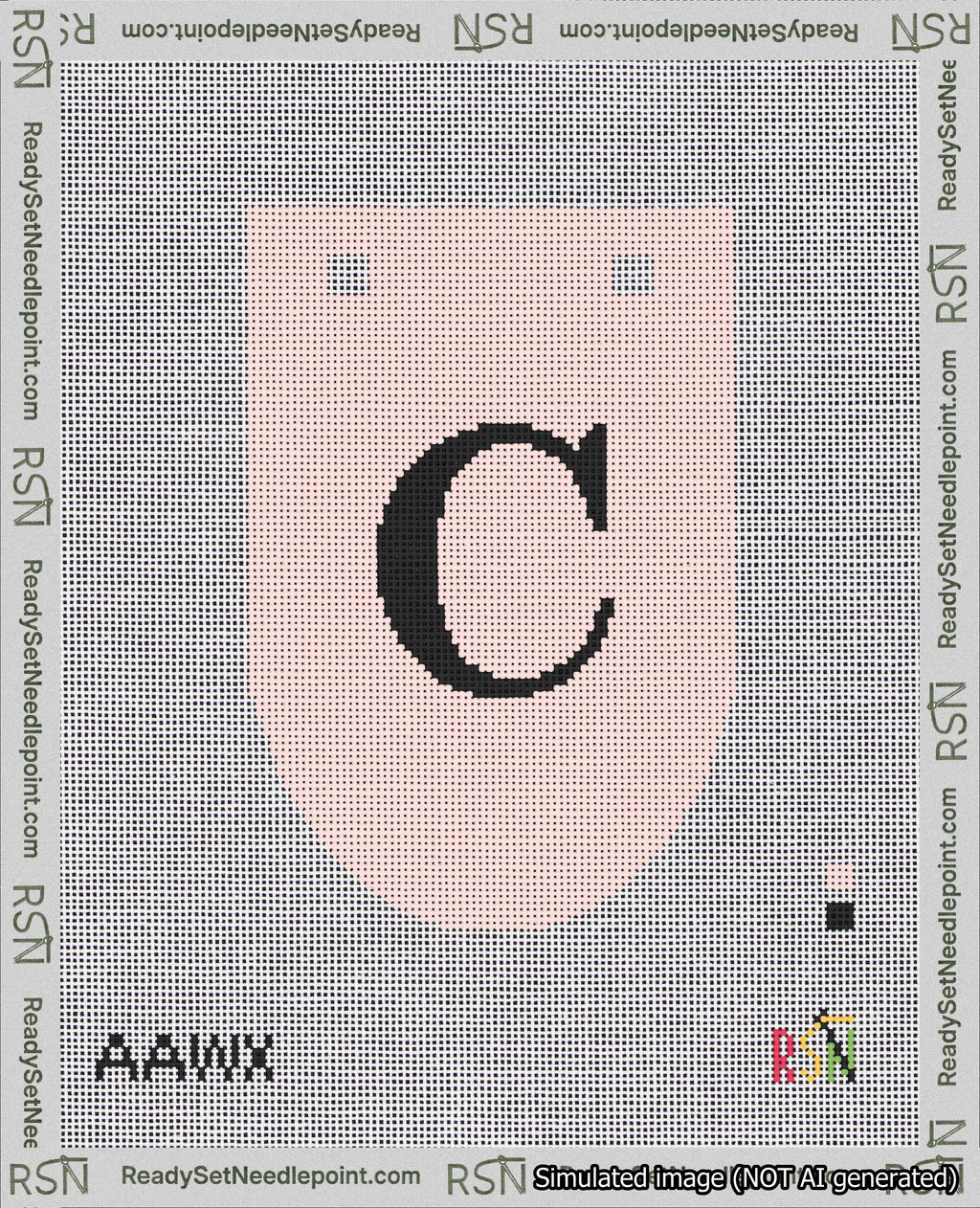 A taped needlepoint canvas with the design: Banner 18 mesh count Rounded C Black on Pink.