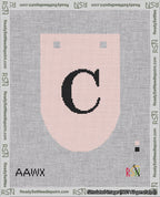 A taped needlepoint canvas with the design: Banner 18 mesh count Rounded C Black on Pink.