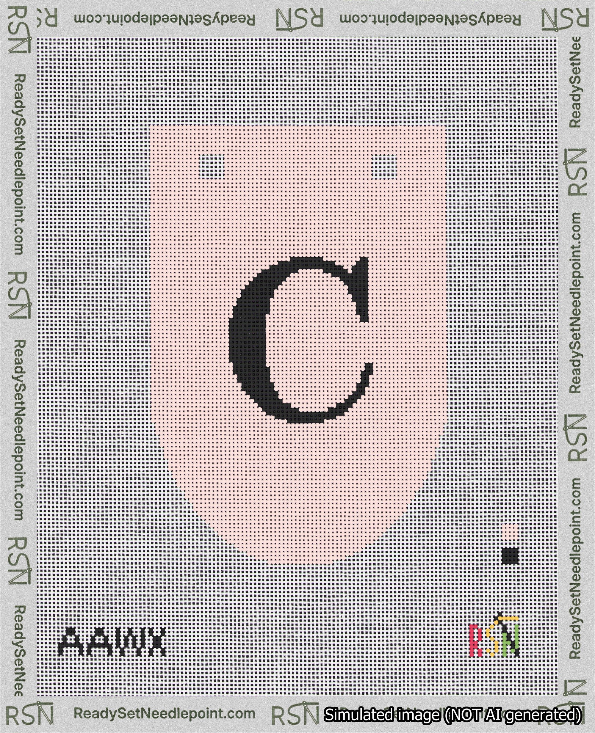A taped needlepoint canvas with the design: Banner 18 mesh count Rounded C Black on Pink.