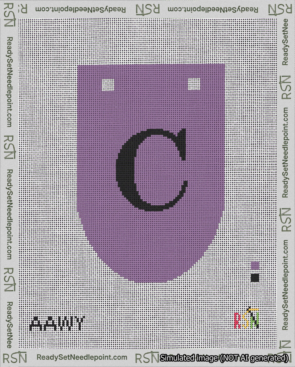 A taped needlepoint canvas with the design: Banner 18 mesh count Rounded C Black on Purple.
