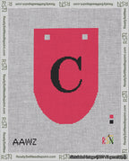 A taped needlepoint canvas with the design: Banner 18 mesh count Rounded C Black on Red.