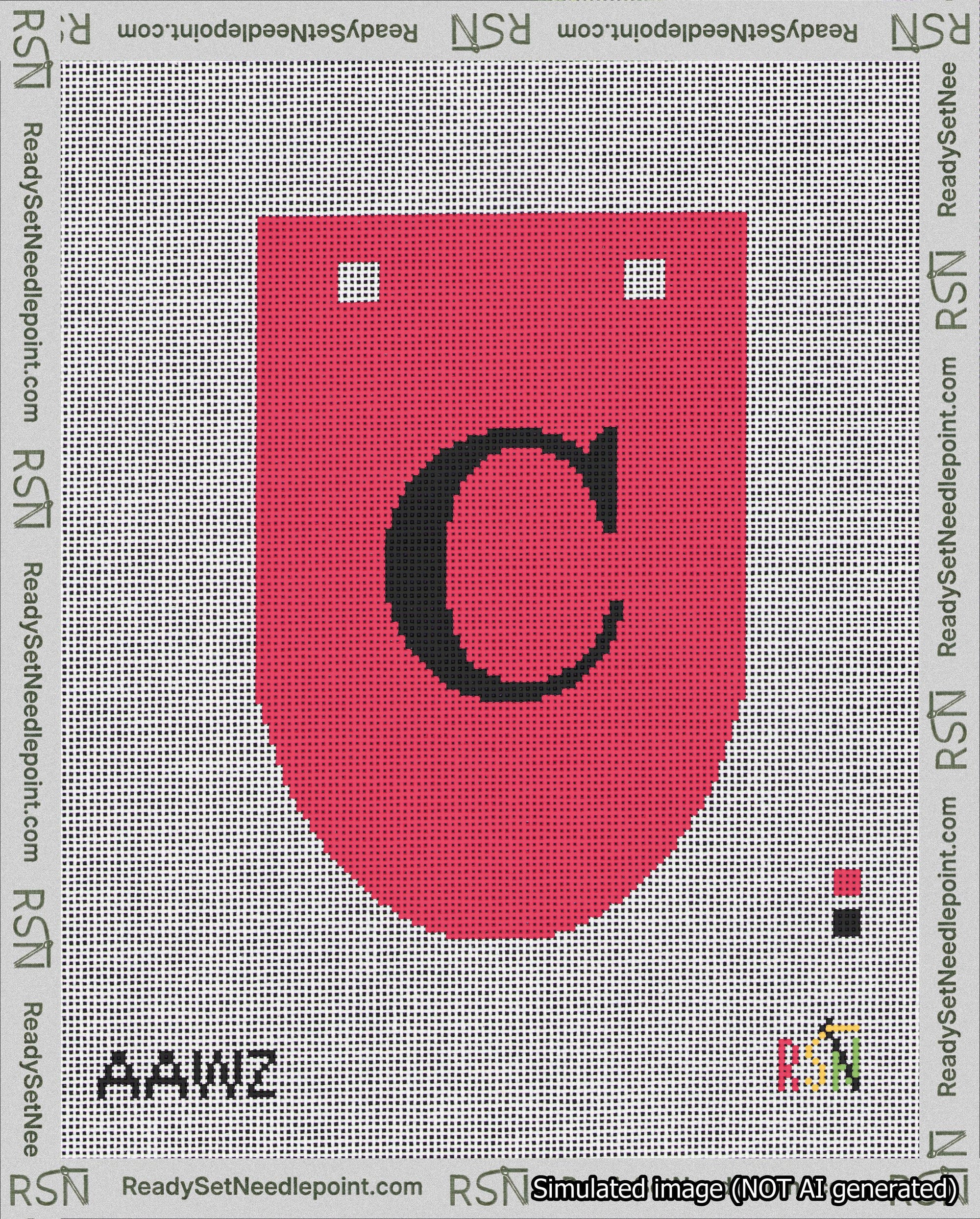 A taped needlepoint canvas with the design: Banner 18 mesh count Rounded C Black on Red.