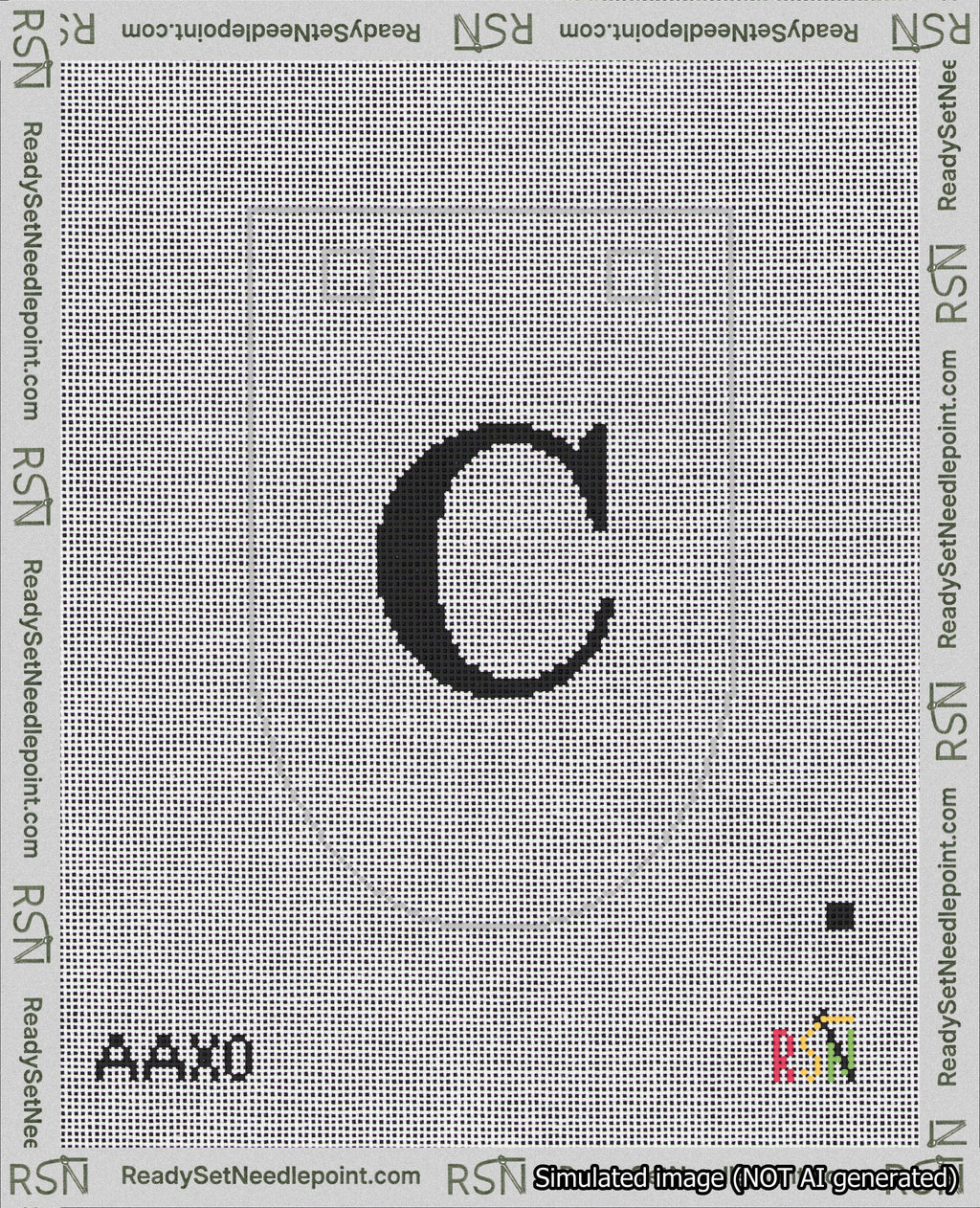 A taped needlepoint canvas with the design: Banner 18 mesh count Rounded C Black on White.