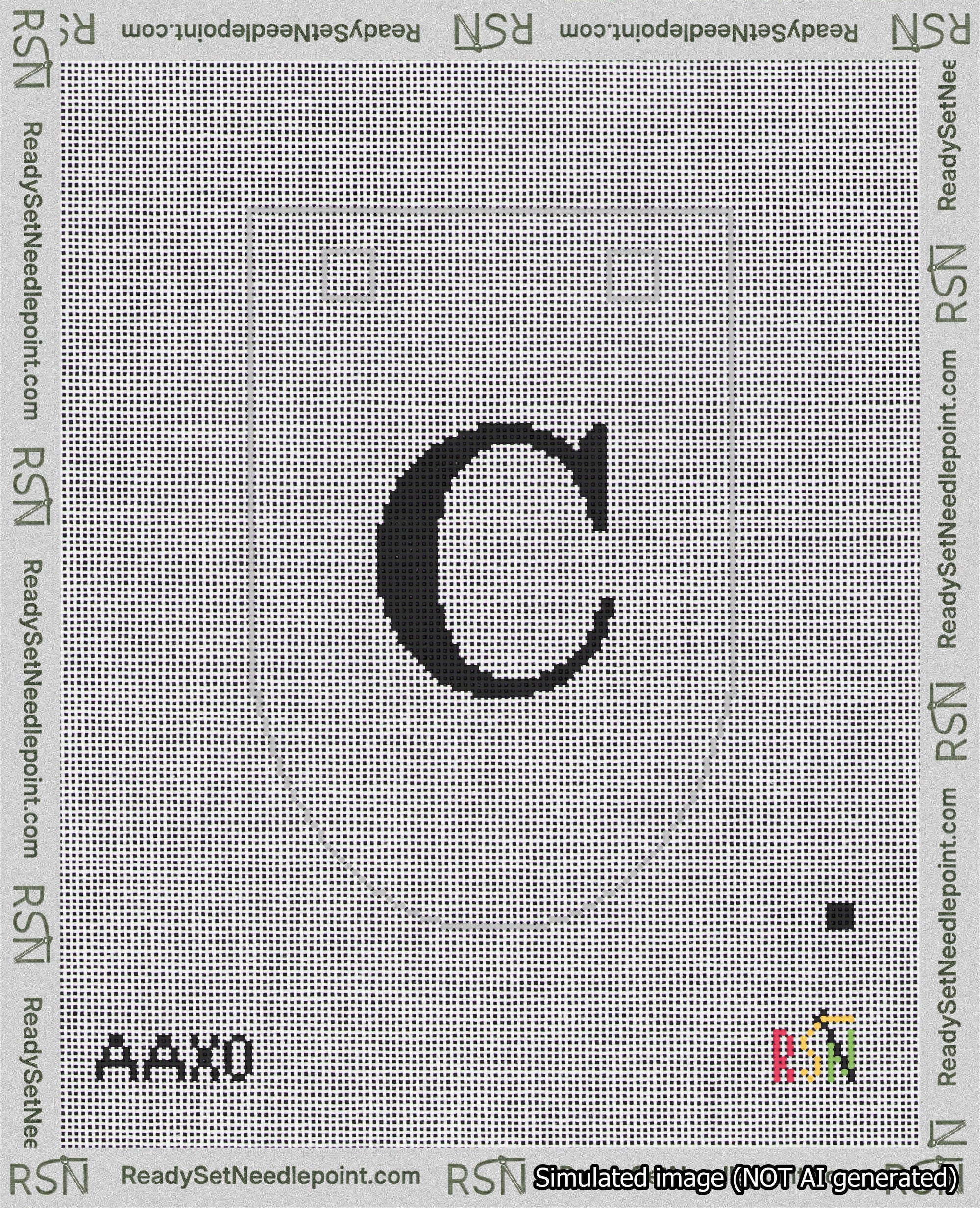 A taped needlepoint canvas with the design: Banner 18 mesh count Rounded C Black on White.