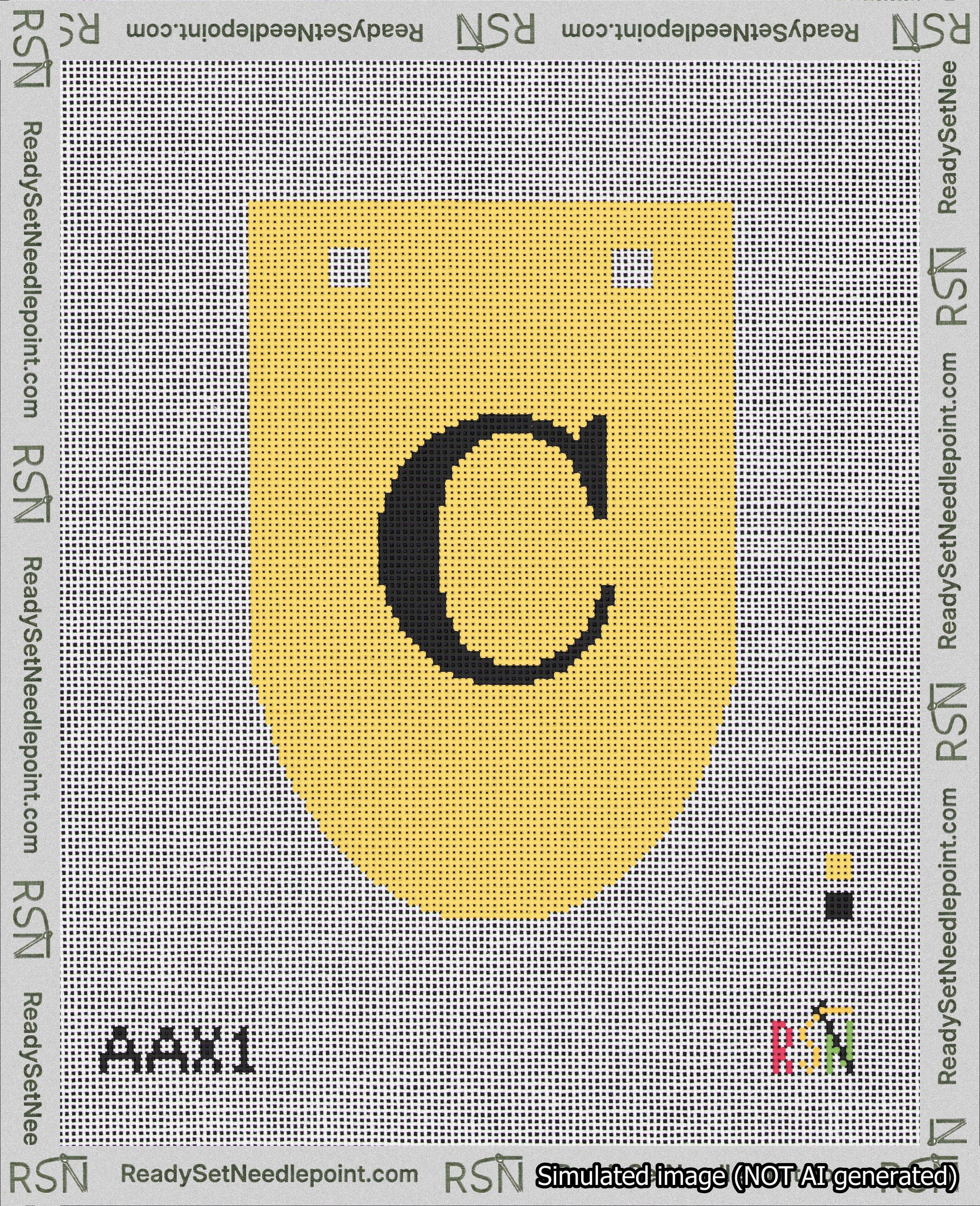 A taped needlepoint canvas with the design: Banner 18 mesh count Rounded C Black on Yellow.