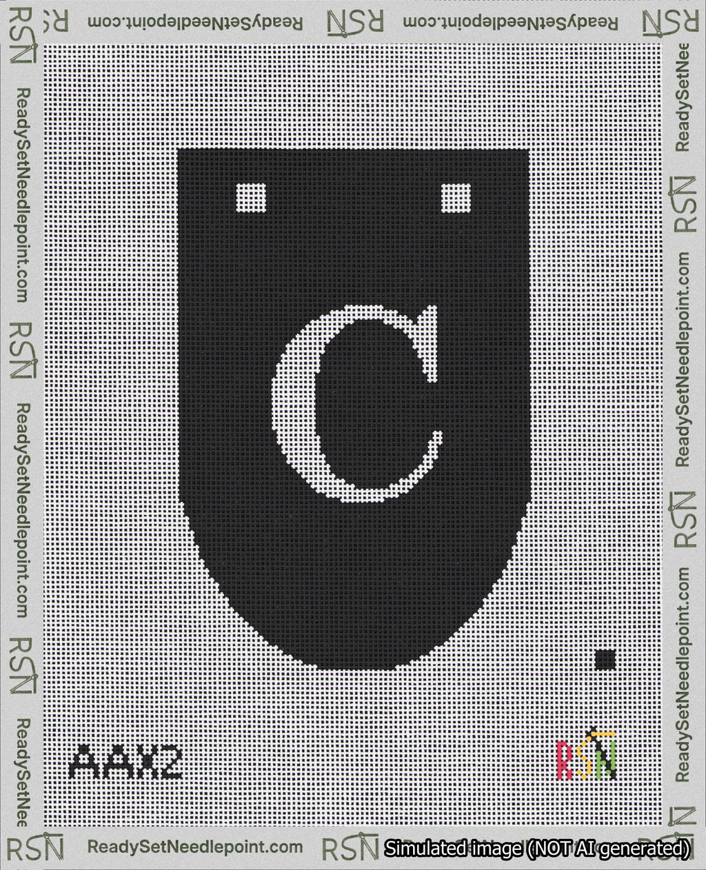 A taped needlepoint canvas with the design: Banner 18 mesh count Rounded C White on Black.