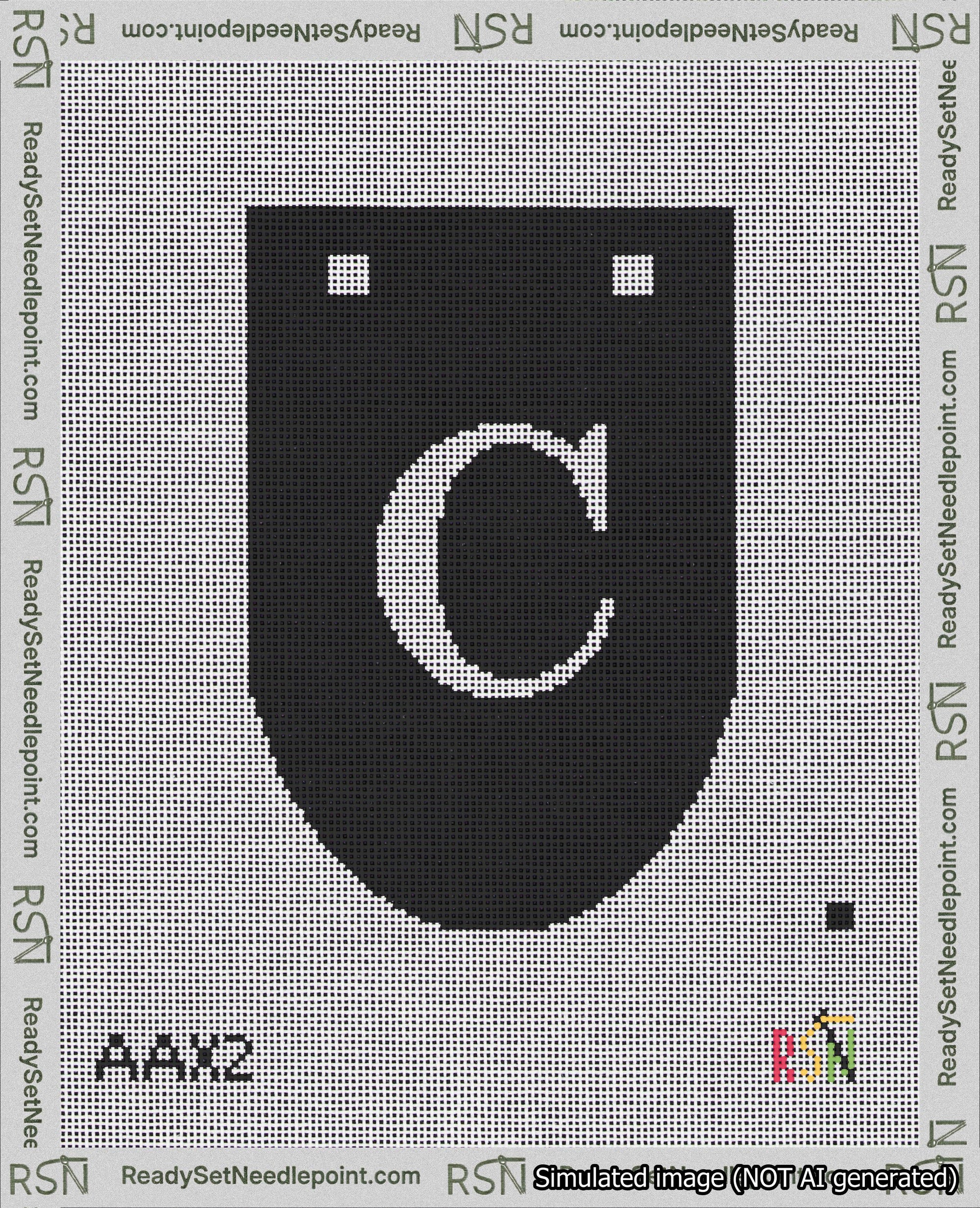 A taped needlepoint canvas with the design: Banner 18 mesh count Rounded C White on Black.