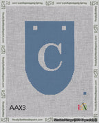 A taped needlepoint canvas with the design: Banner 18 mesh count Rounded C White on Blue.