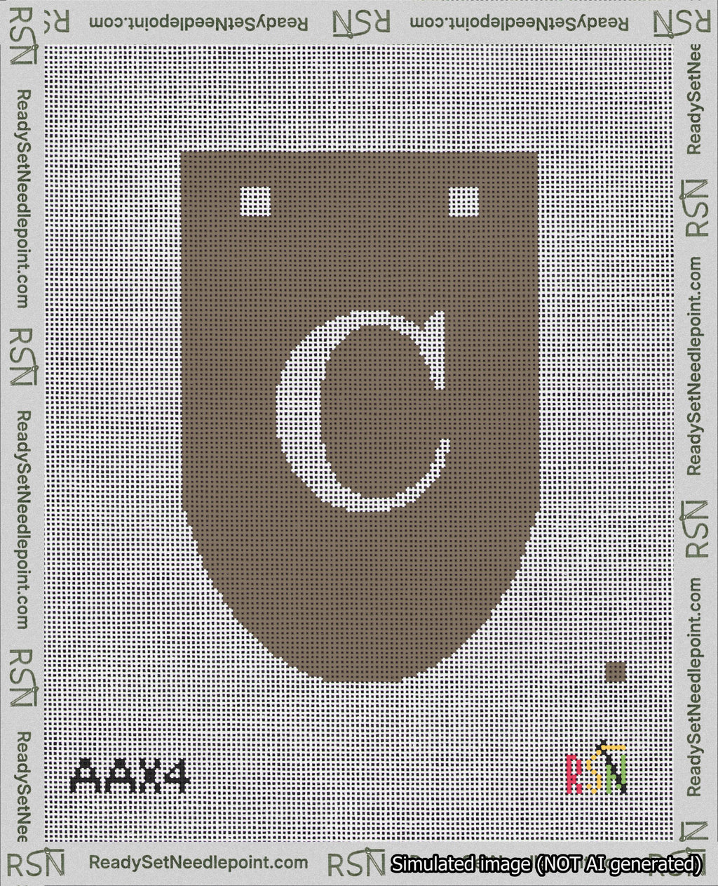 A taped needlepoint canvas with the design: Banner 18 mesh count Rounded C White on Brown.