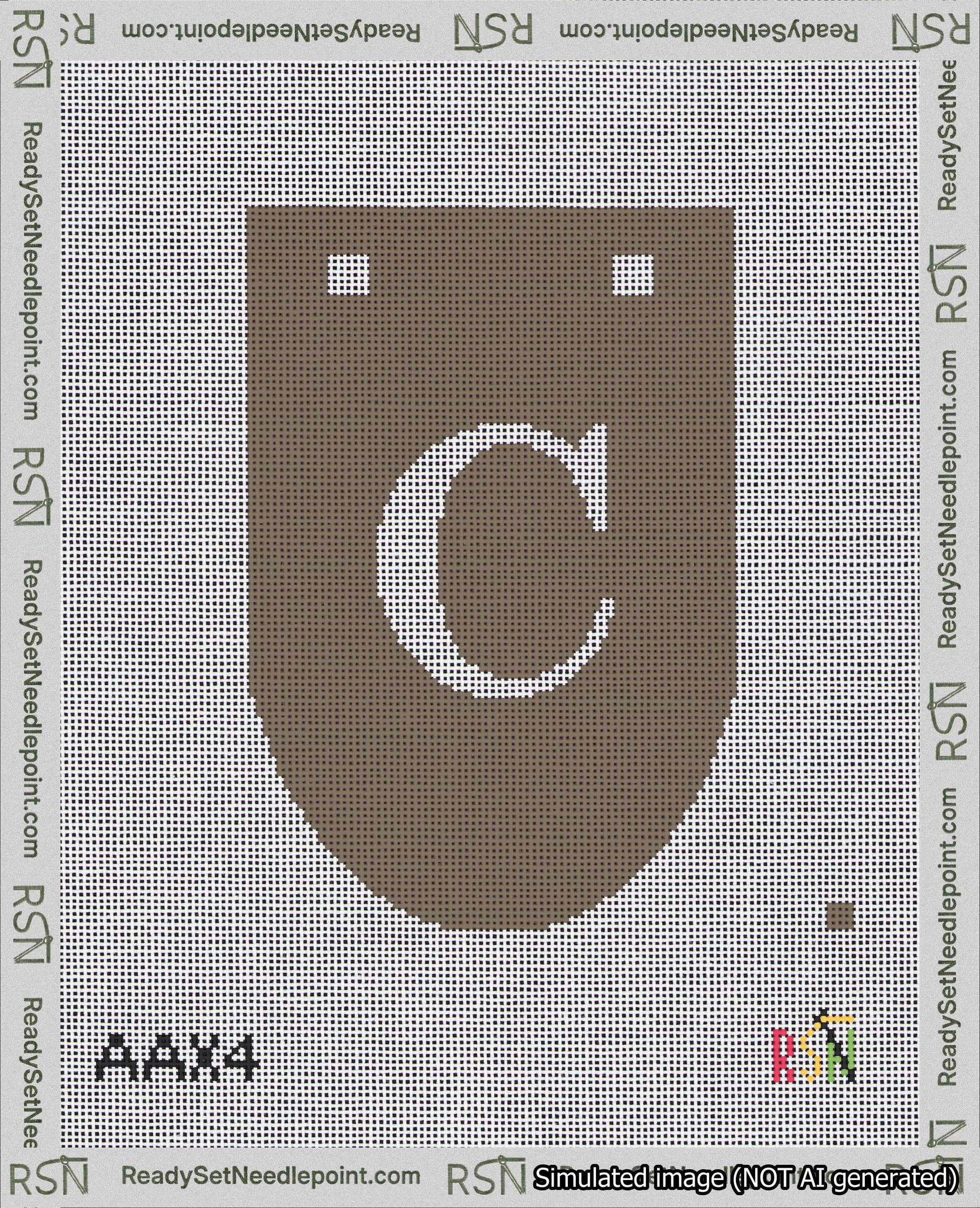 A taped needlepoint canvas with the design: Banner 18 mesh count Rounded C White on Brown.