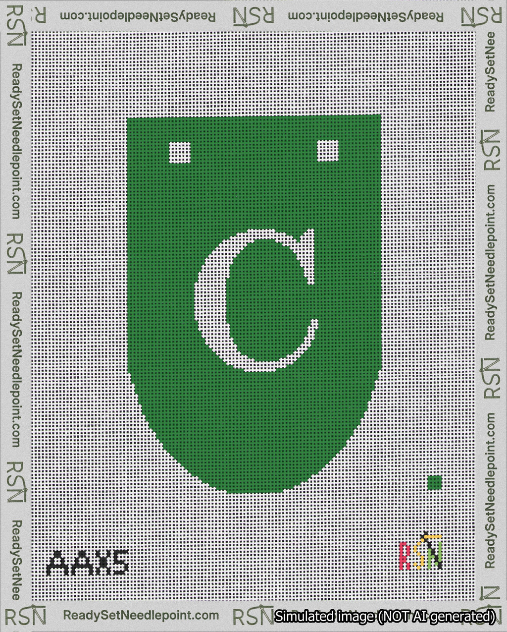 A taped needlepoint canvas with the design: Banner 18 mesh count Rounded C White on Green.