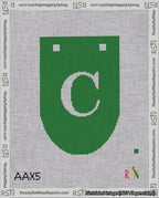 A taped needlepoint canvas with the design: Banner 18 mesh count Rounded C White on Green.