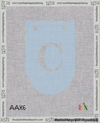 A taped needlepoint canvas with the design: Banner 18 mesh count Rounded C White on Light Blue.