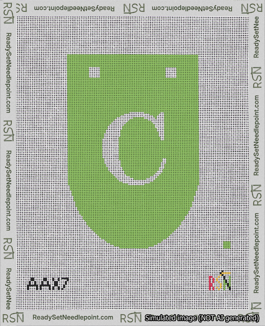 A taped needlepoint canvas with the design: Banner 18 mesh count Rounded C White on Light Green.