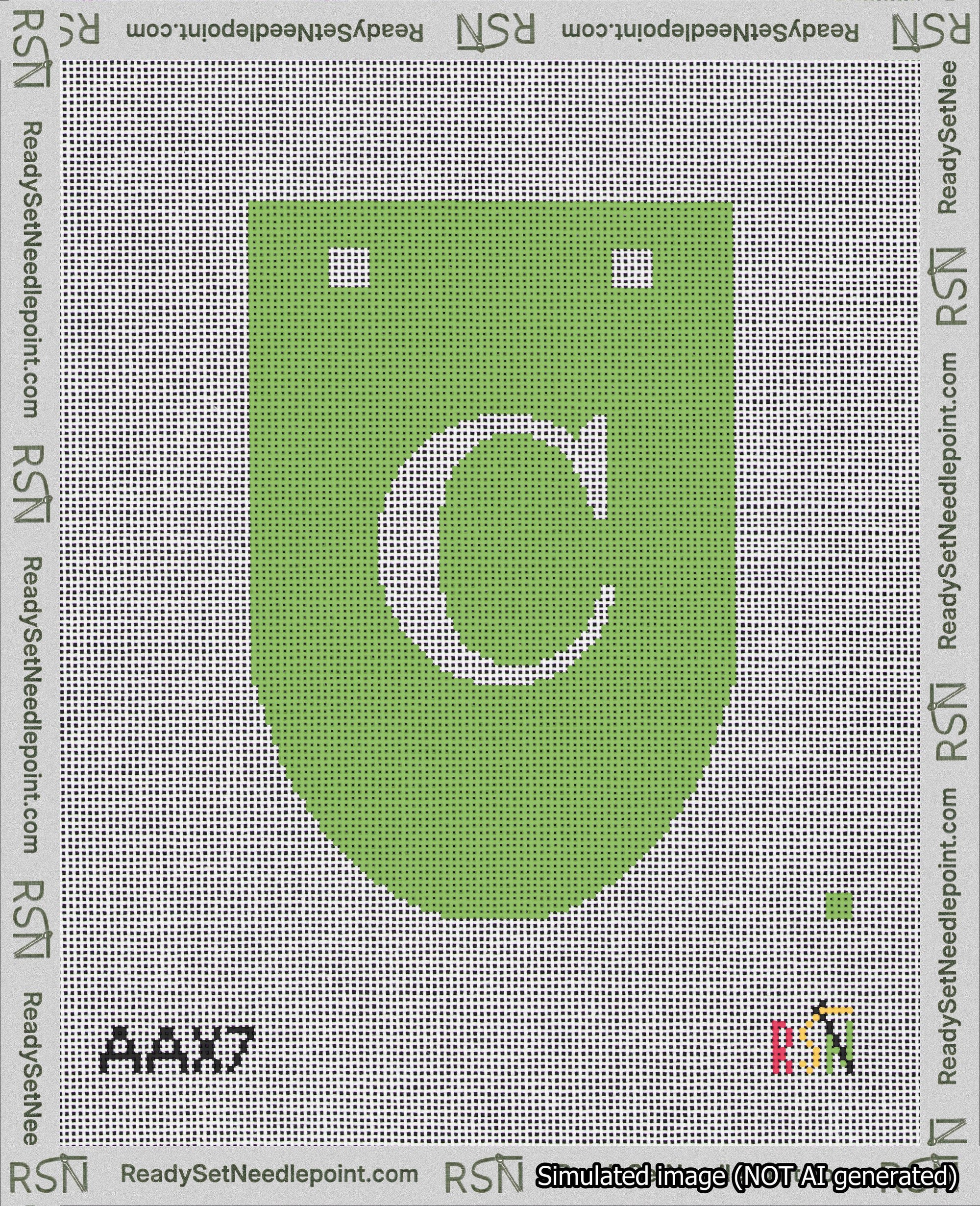 A taped needlepoint canvas with the design: Banner 18 mesh count Rounded C White on Light Green.